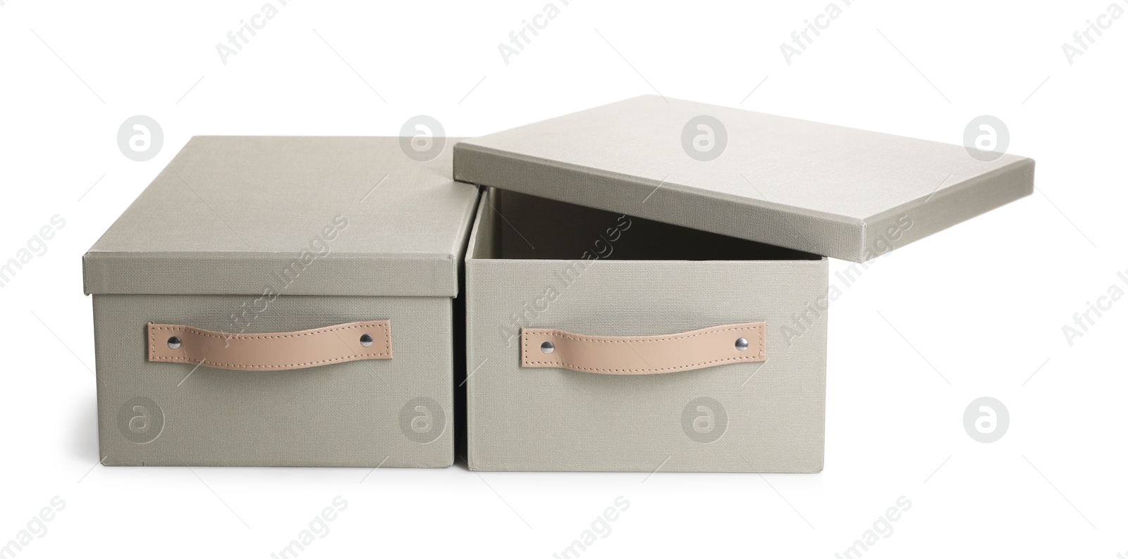 Photo of Two gray boxes with lids isolated on white