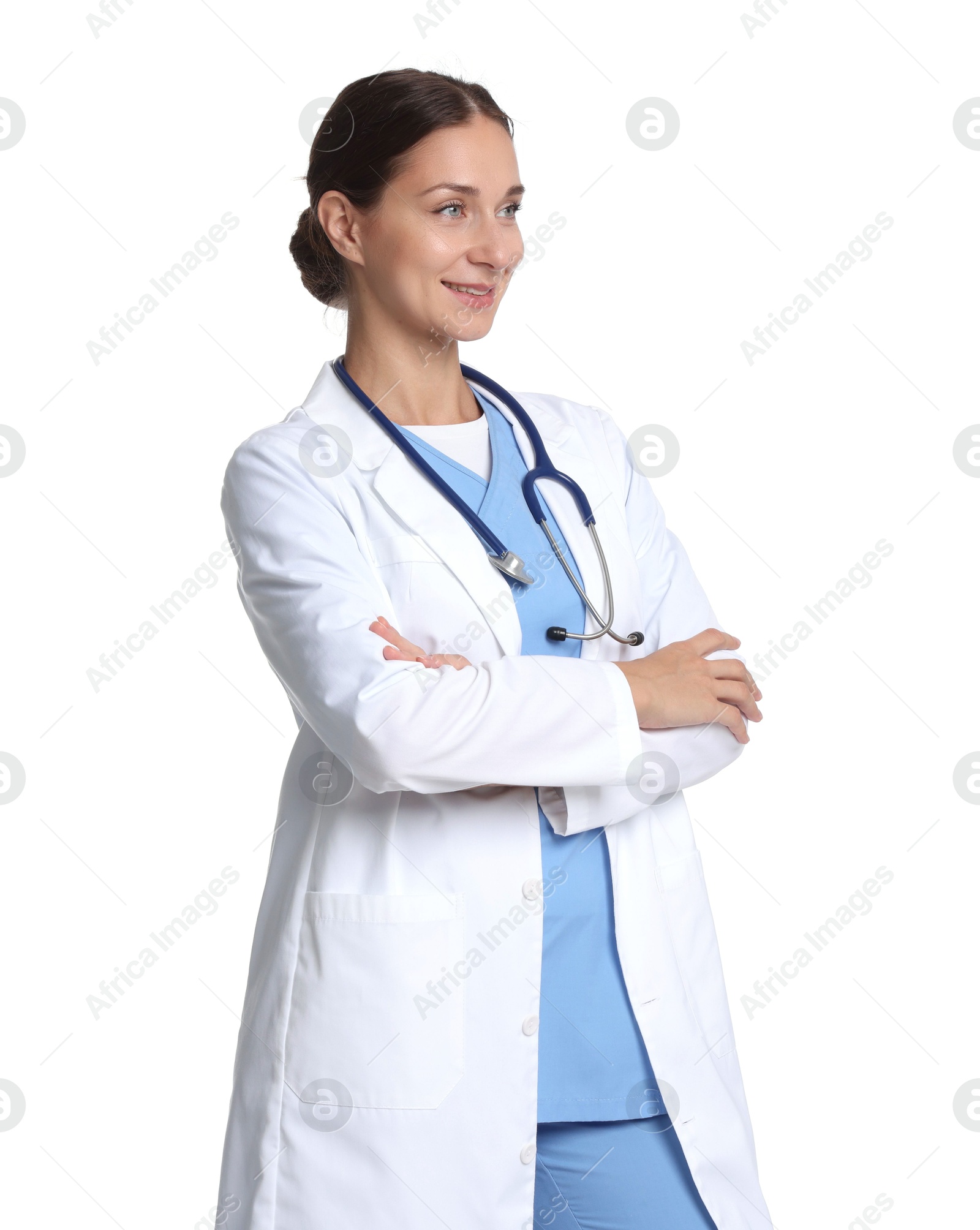 Photo of Nurse in medical uniform with stethoscope on white background