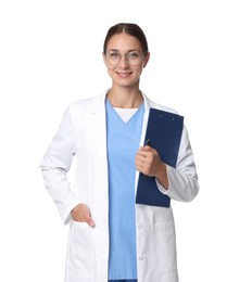 Photo of Nurse in medical uniform with clipboard on white background