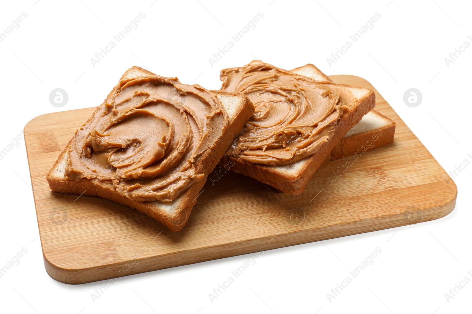 Photo of Tasty sandwiches with peanut butter isolated on white