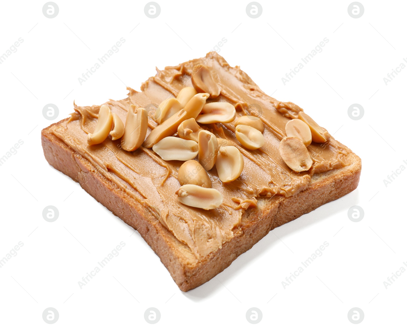 Photo of Tasty sandwich with peanut butter and nuts isolated on white