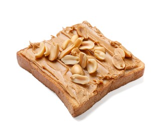 Photo of Tasty sandwich with peanut butter and nuts isolated on white