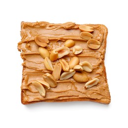 Photo of Tasty sandwich with peanut butter and nuts isolated on white, top view