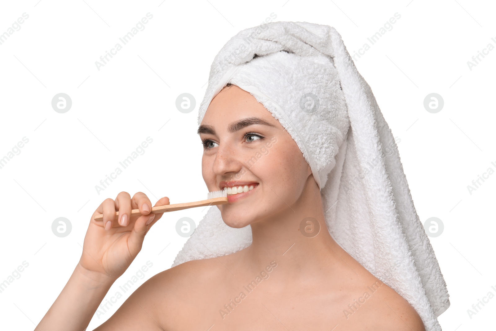 Photo of Beautiful woman brushing her teeth on white background