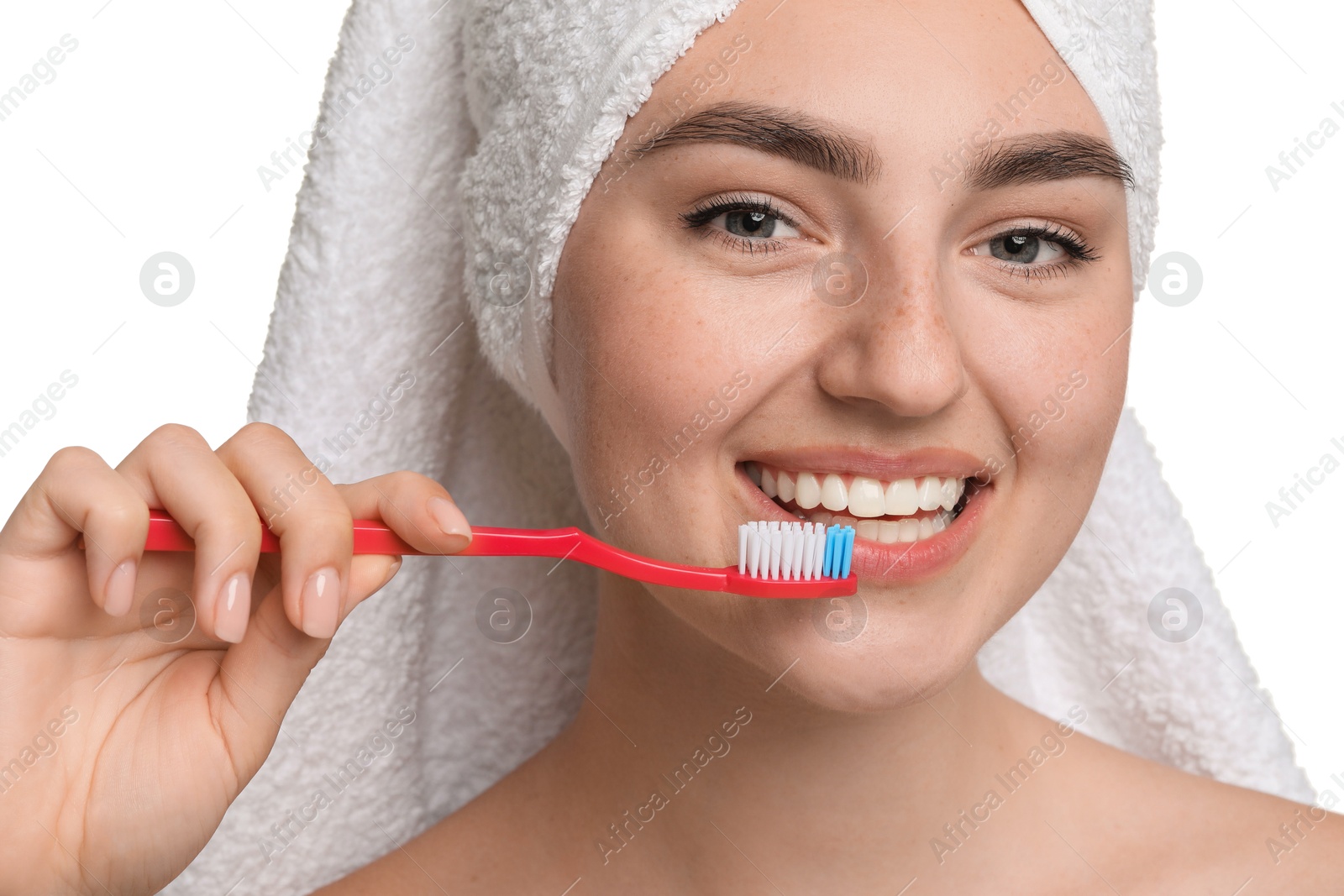 Photo of Beautiful woman brushing her teeth on white background