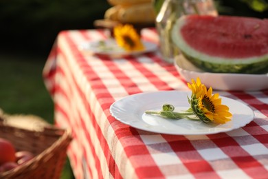 Plates with sunflowers and watermelon on table in garden, closeup