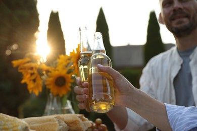 Friends with drinks enjoying picnic in garden, closeup