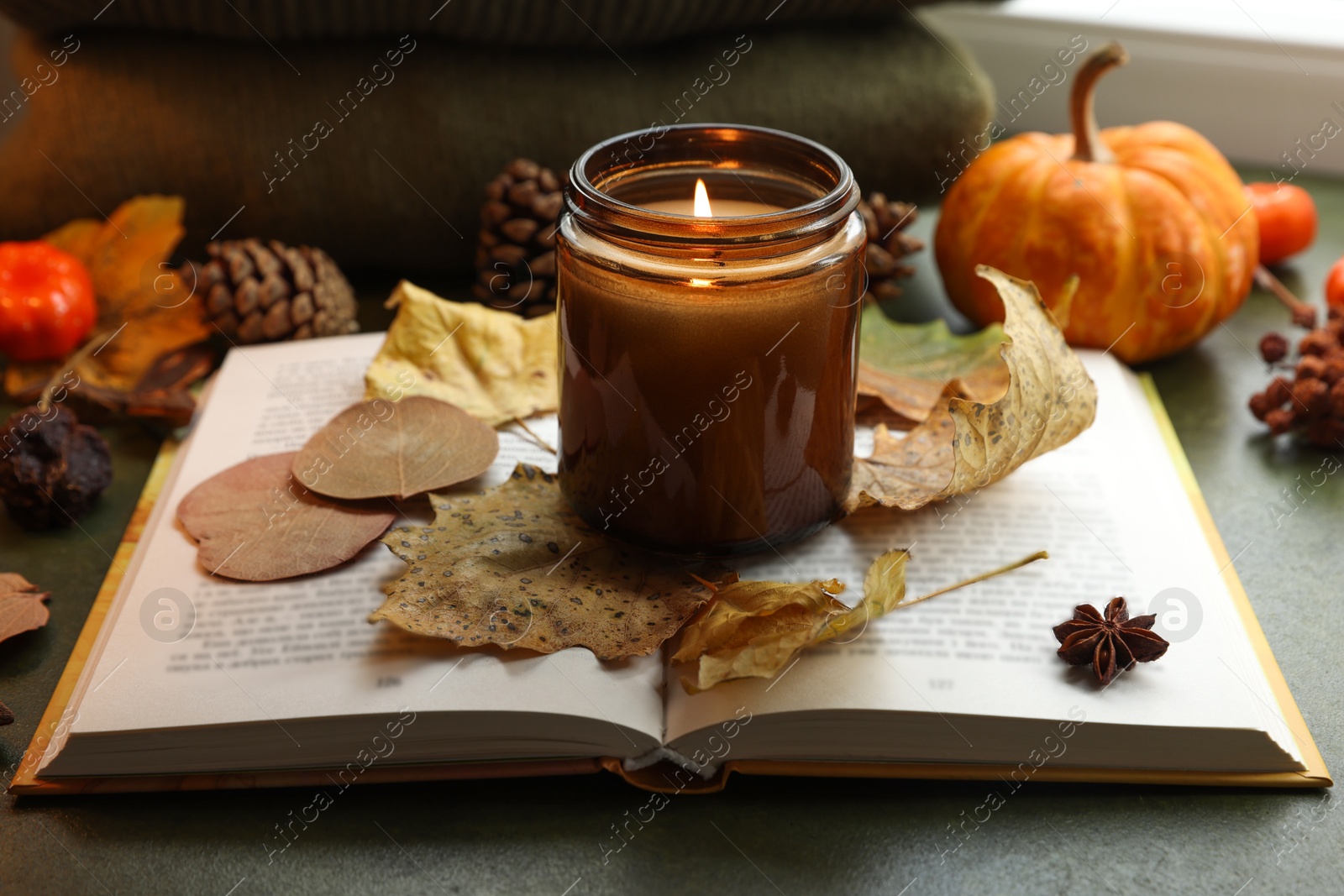 Photo of Burning candle, autumn decor and open book on green background