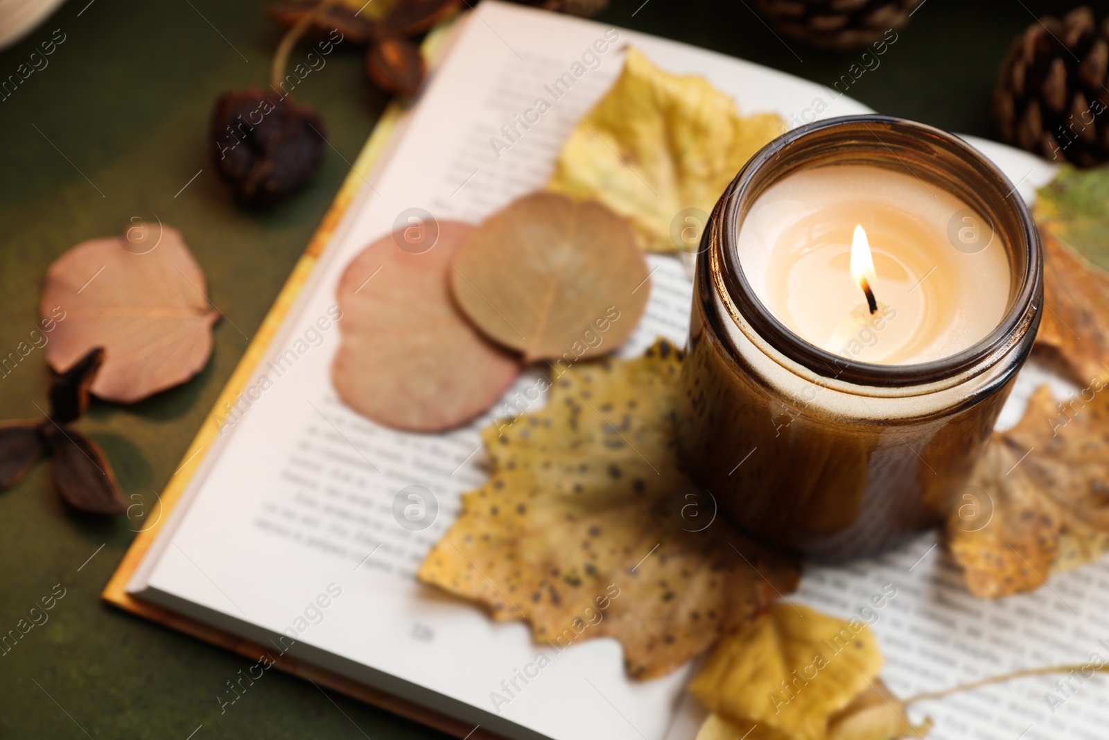 Photo of Burning candle, dry leaves and open book on green background, closeup. Autumn atmosphere