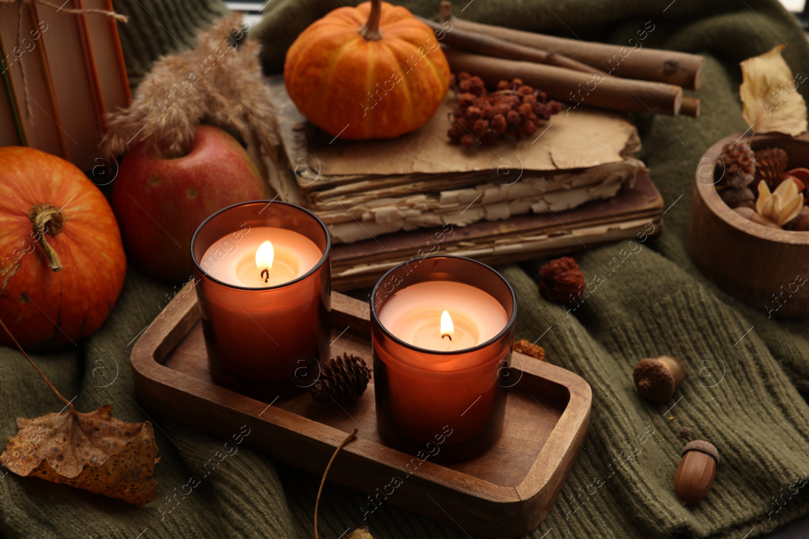 Photo of Burning candles, books and autumn decor on green sweater