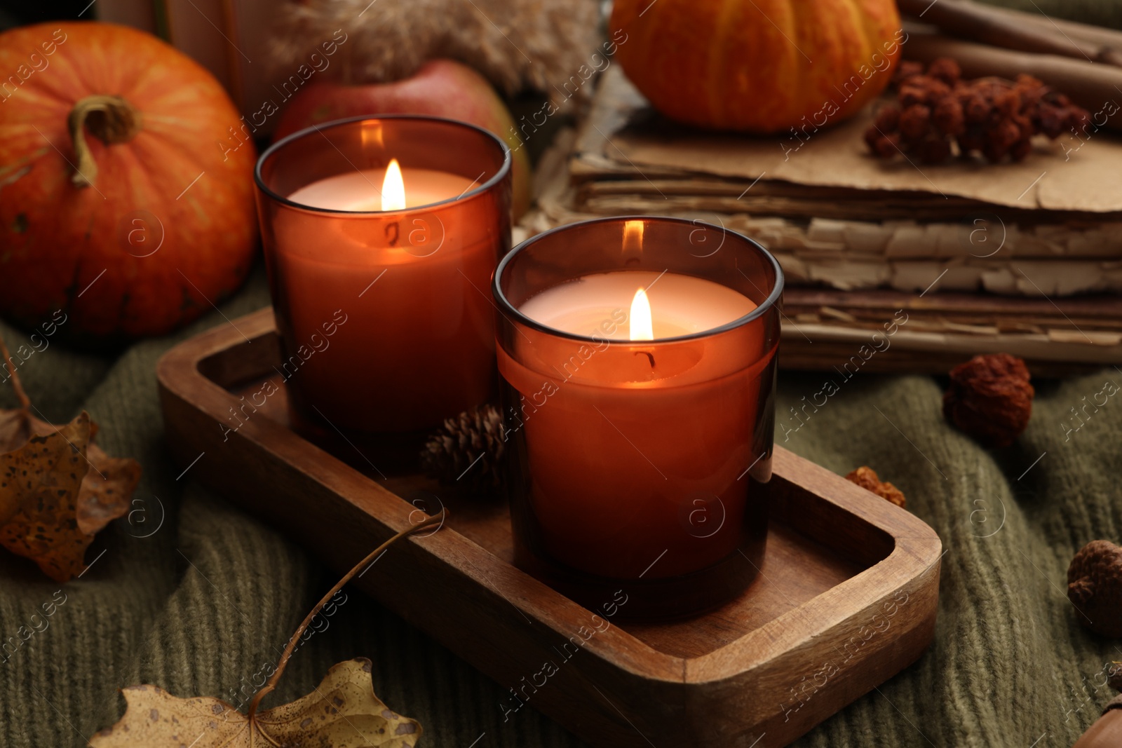 Photo of Burning candles, old books and autumn decor on green sweater, closeup