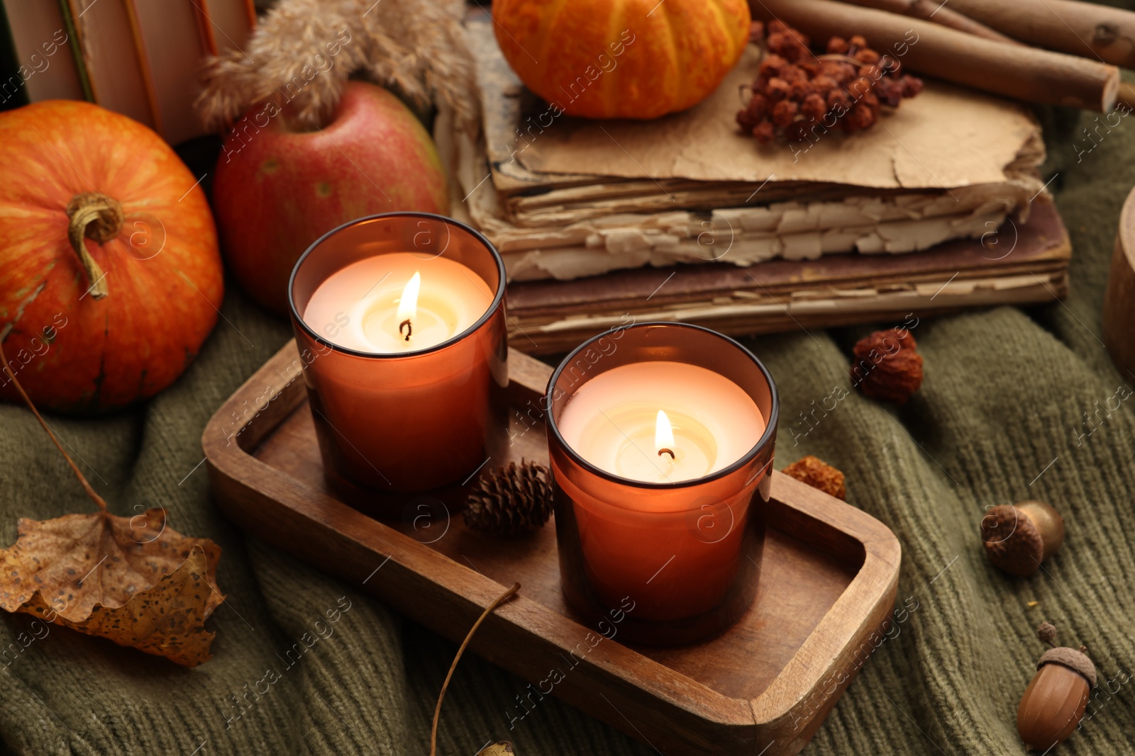 Photo of Burning candles, old books and autumn decor on green sweater