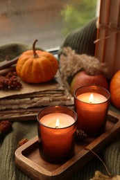 Photo of Burning candles, old books and autumn decor on green sweater near window