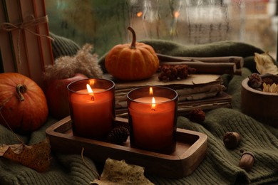 Photo of Burning candles, books and autumn decor on green sweater near window