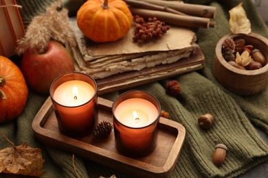 Photo of Burning candles, old books and autumn decor on green sweater