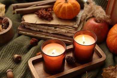 Photo of Burning candles, old books and autumn decor on green sweater