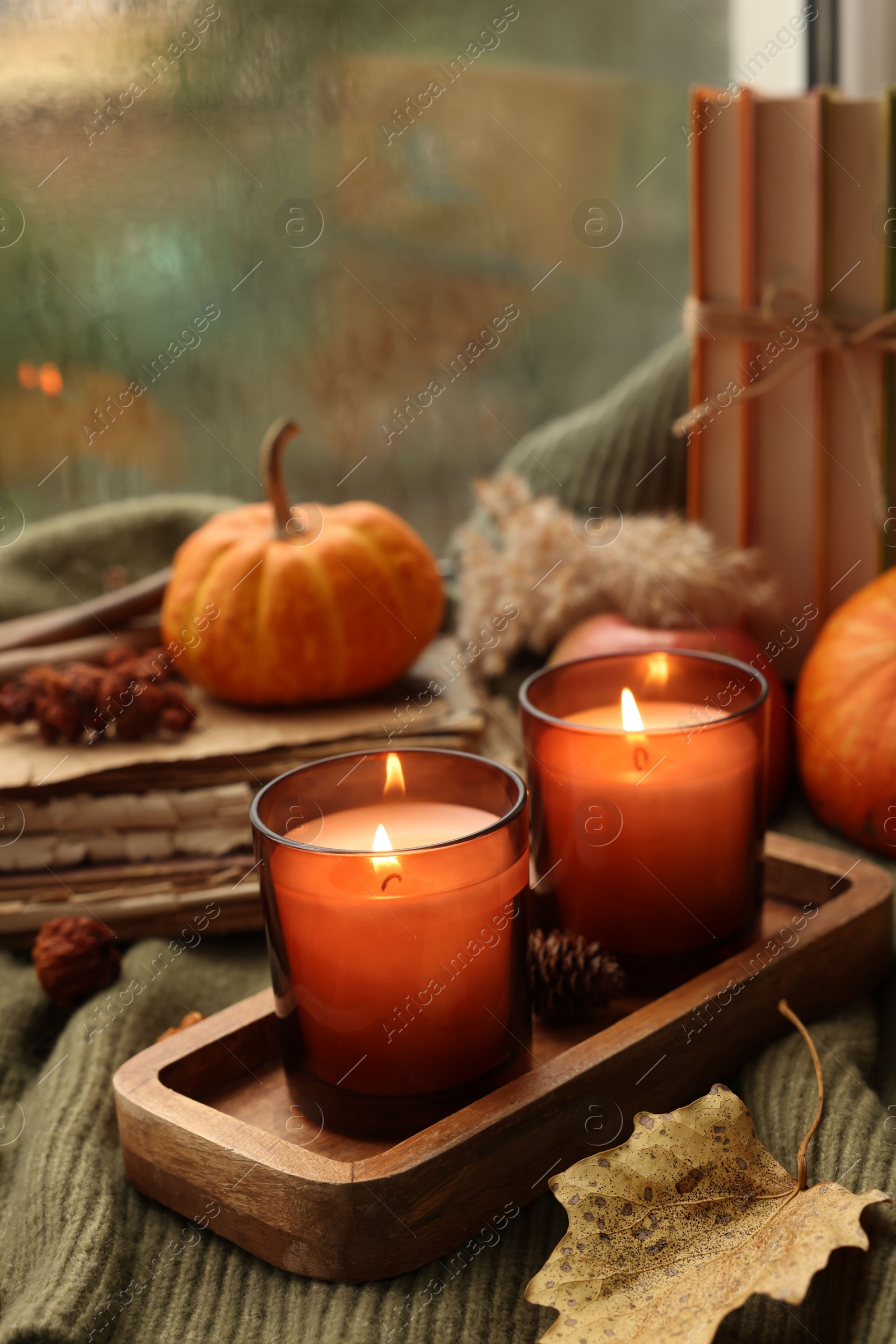 Photo of Burning candles and autumn decor on green sweater near window