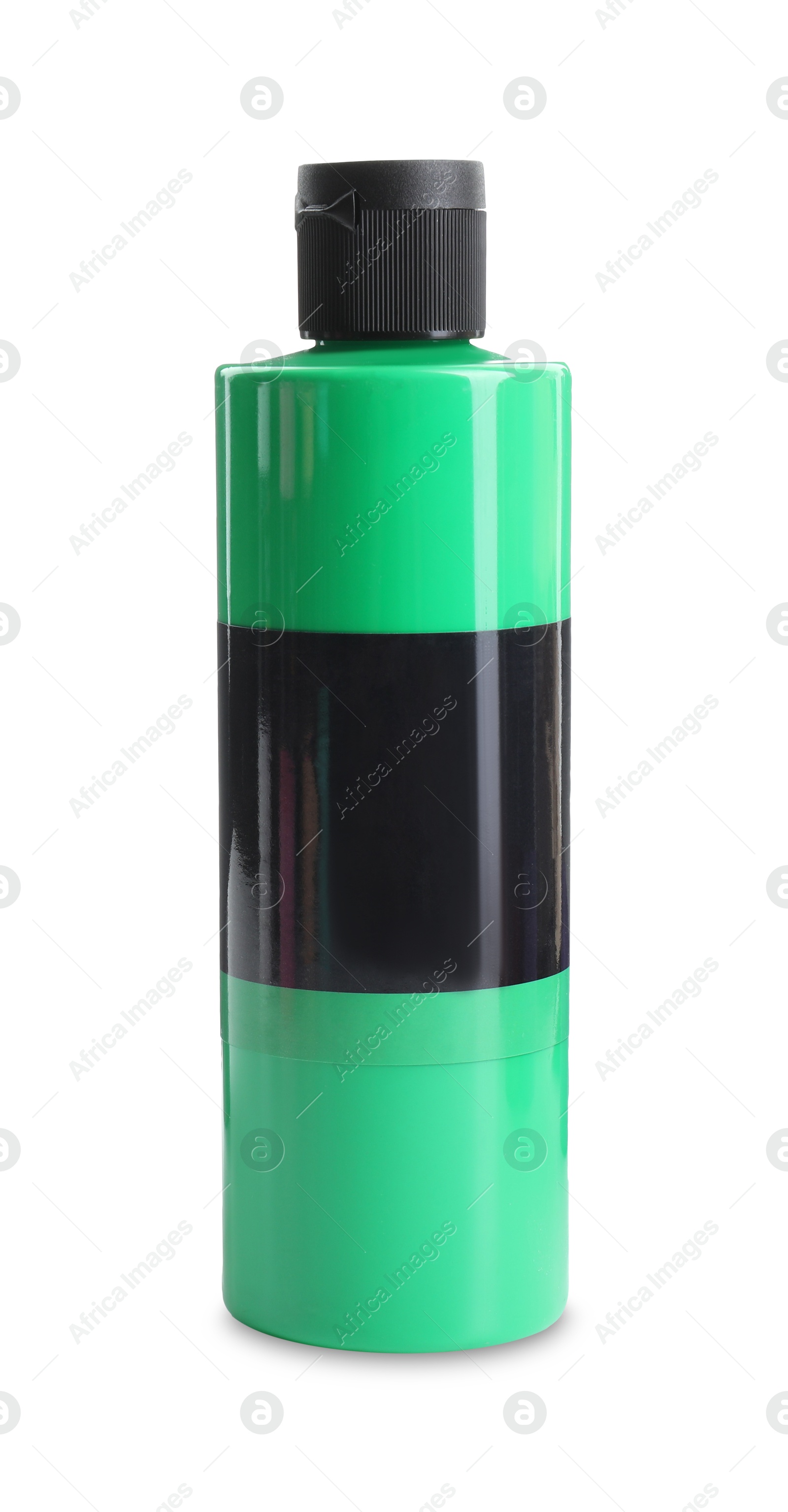 Photo of Green acrylic paint in bottle isolated on white