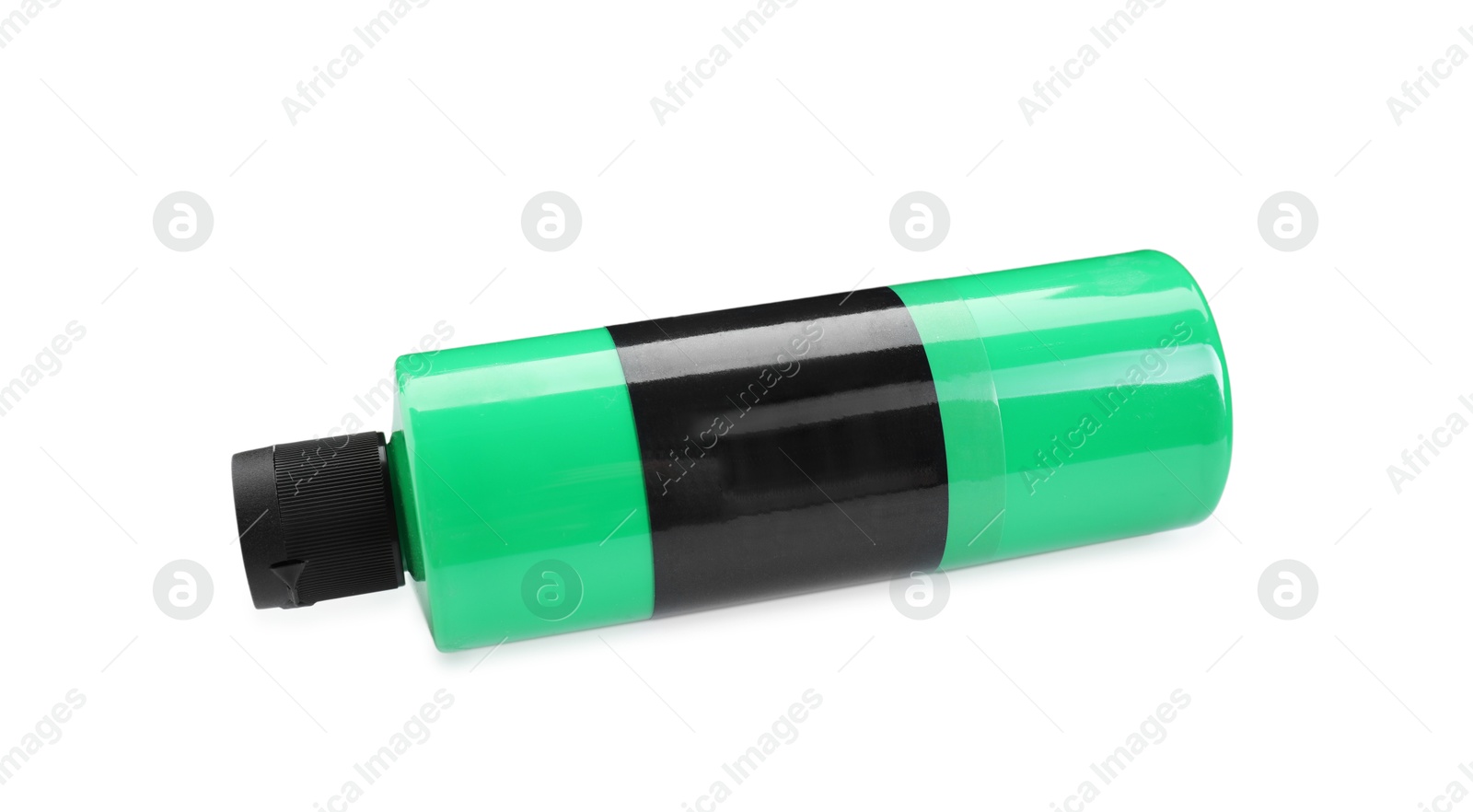 Photo of Green acrylic paint in bottle isolated on white