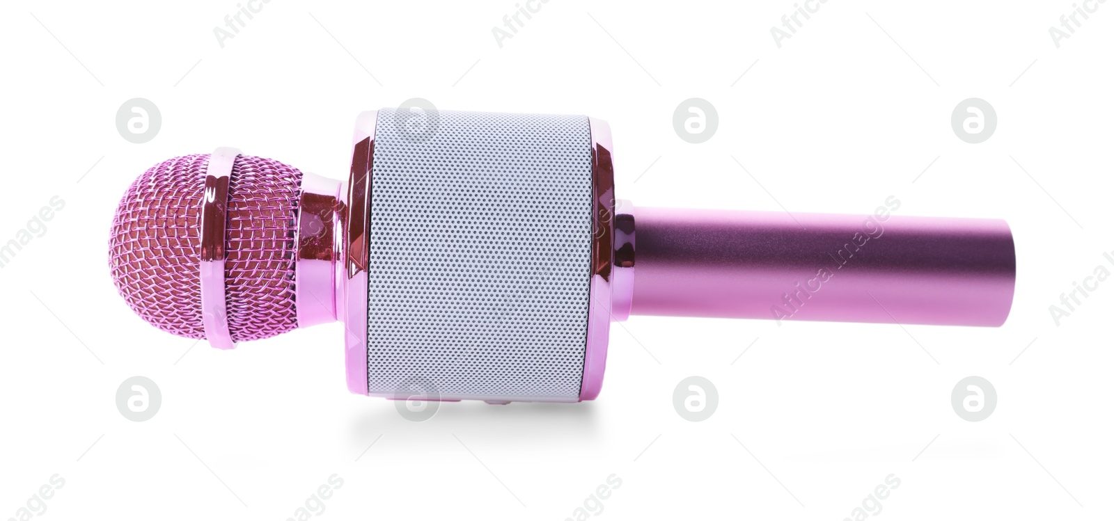 Photo of One pink karaoke microphone isolated on white