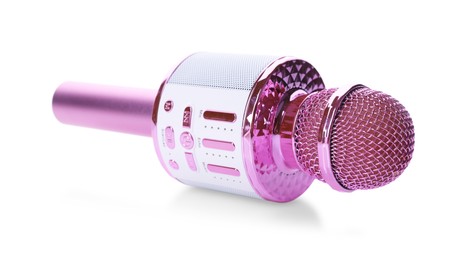 Photo of One pink karaoke microphone isolated on white