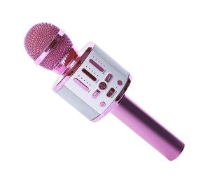 Photo of One pink karaoke microphone isolated on white