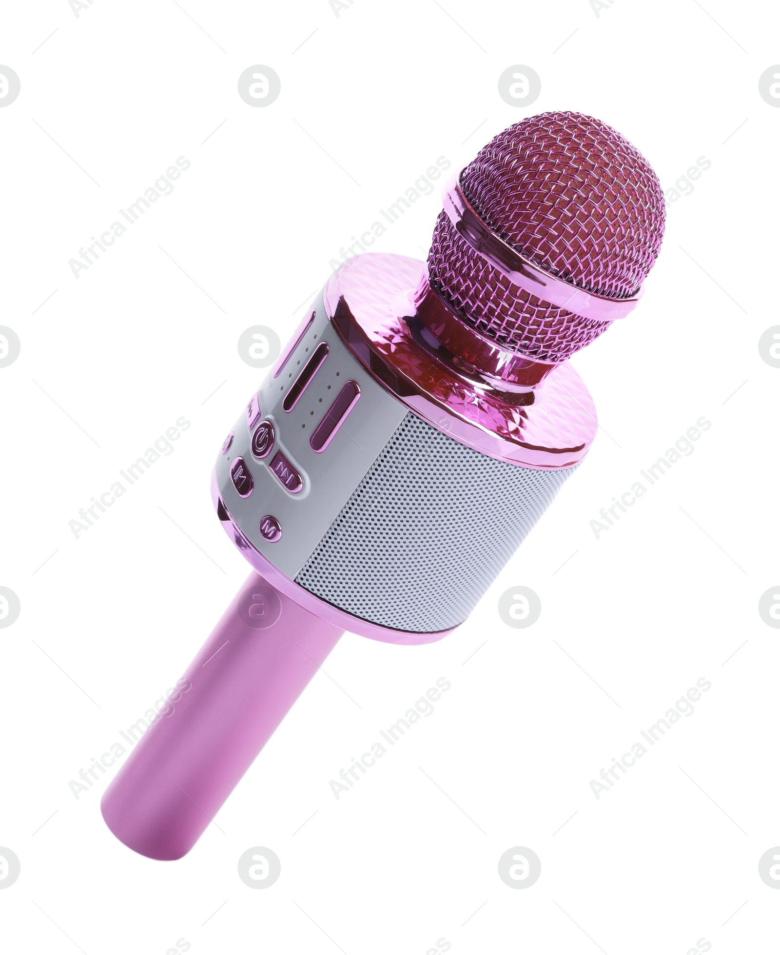 Photo of One pink karaoke microphone isolated on white