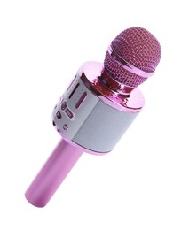 Photo of One pink karaoke microphone isolated on white