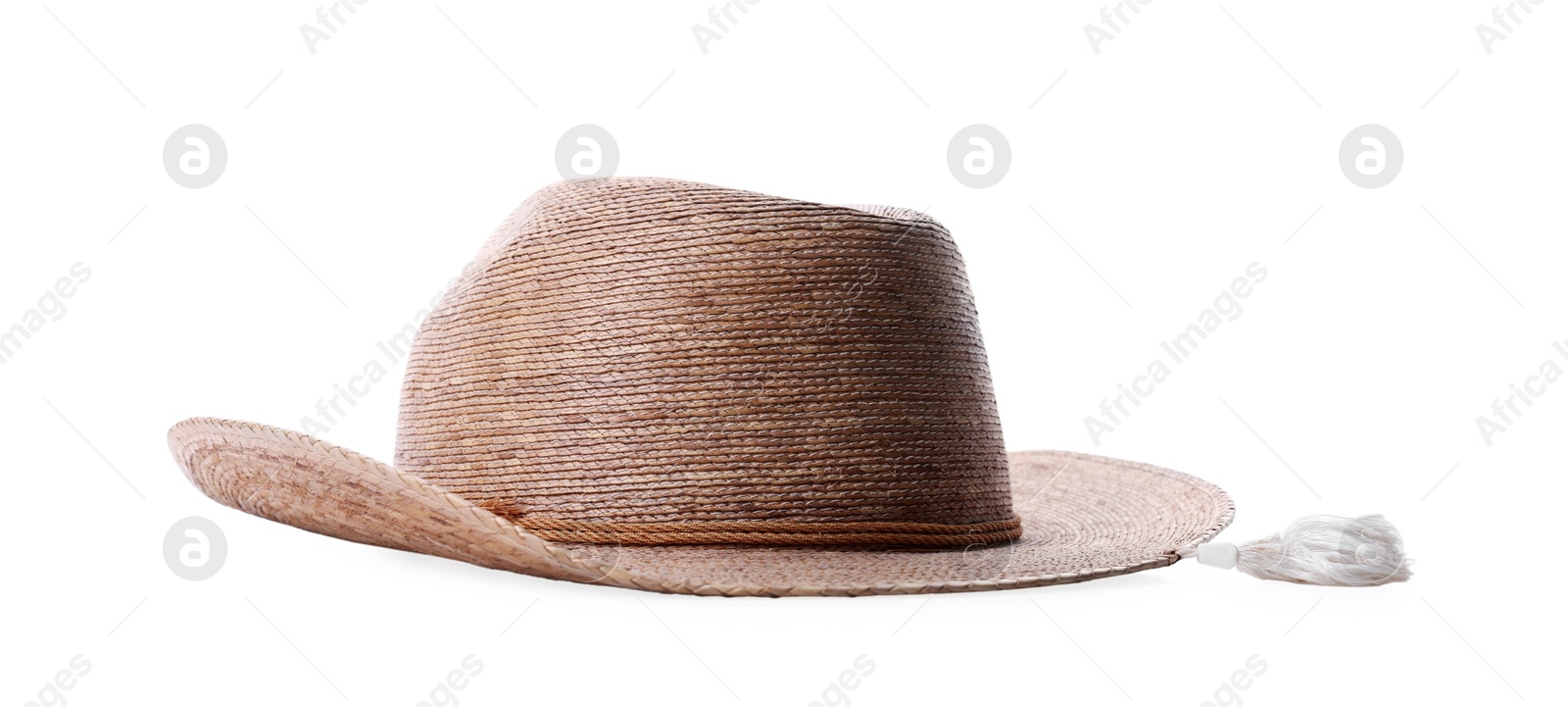 Photo of Straw hat isolated on white. Stylish headdress