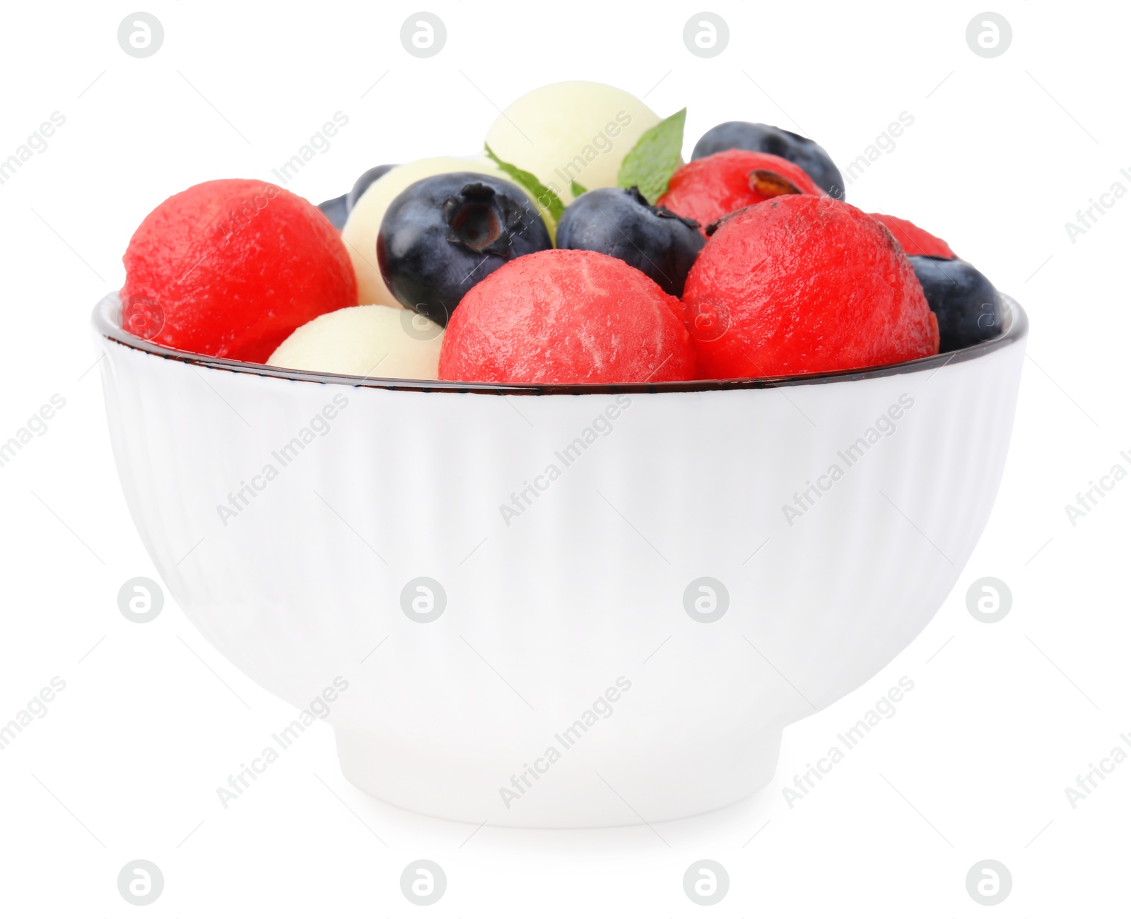 Photo of Tasty watermelon and melon balls with blueberries in bowl isolated on white