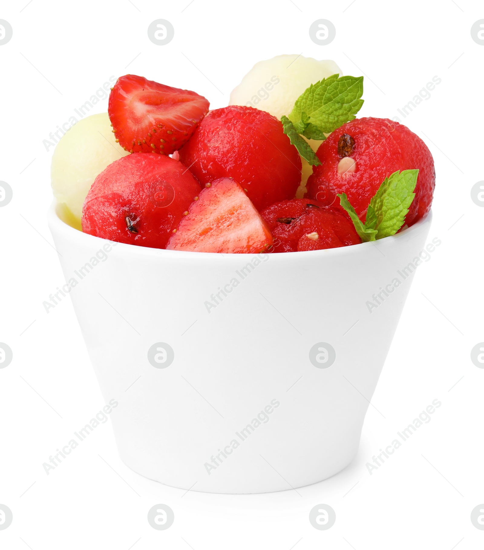 Photo of Tasty watermelon and melon balls with strawberries in bowl isolated on white