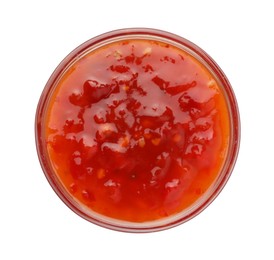 Photo of Hot chili sauce in bowl isolated on white, top view