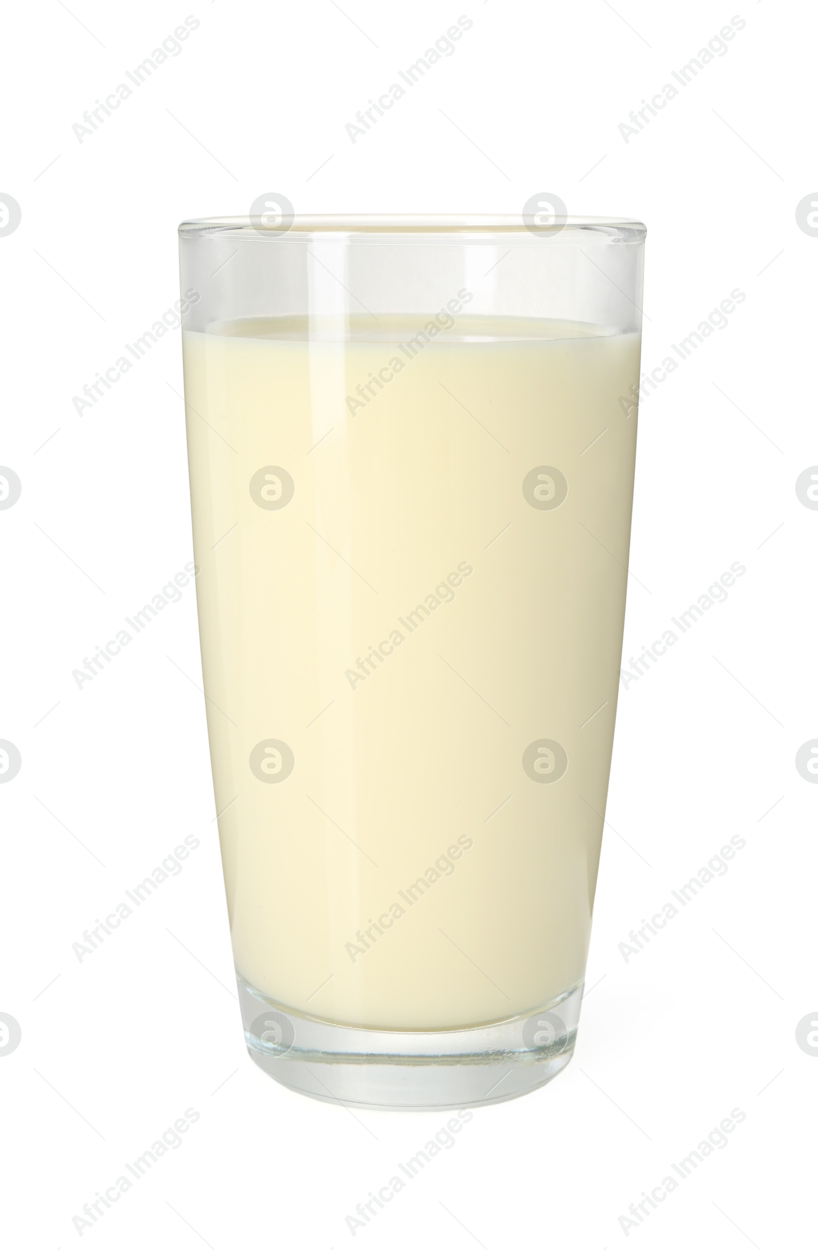 Photo of Tasty pineapple smoothie in glass isolated on white