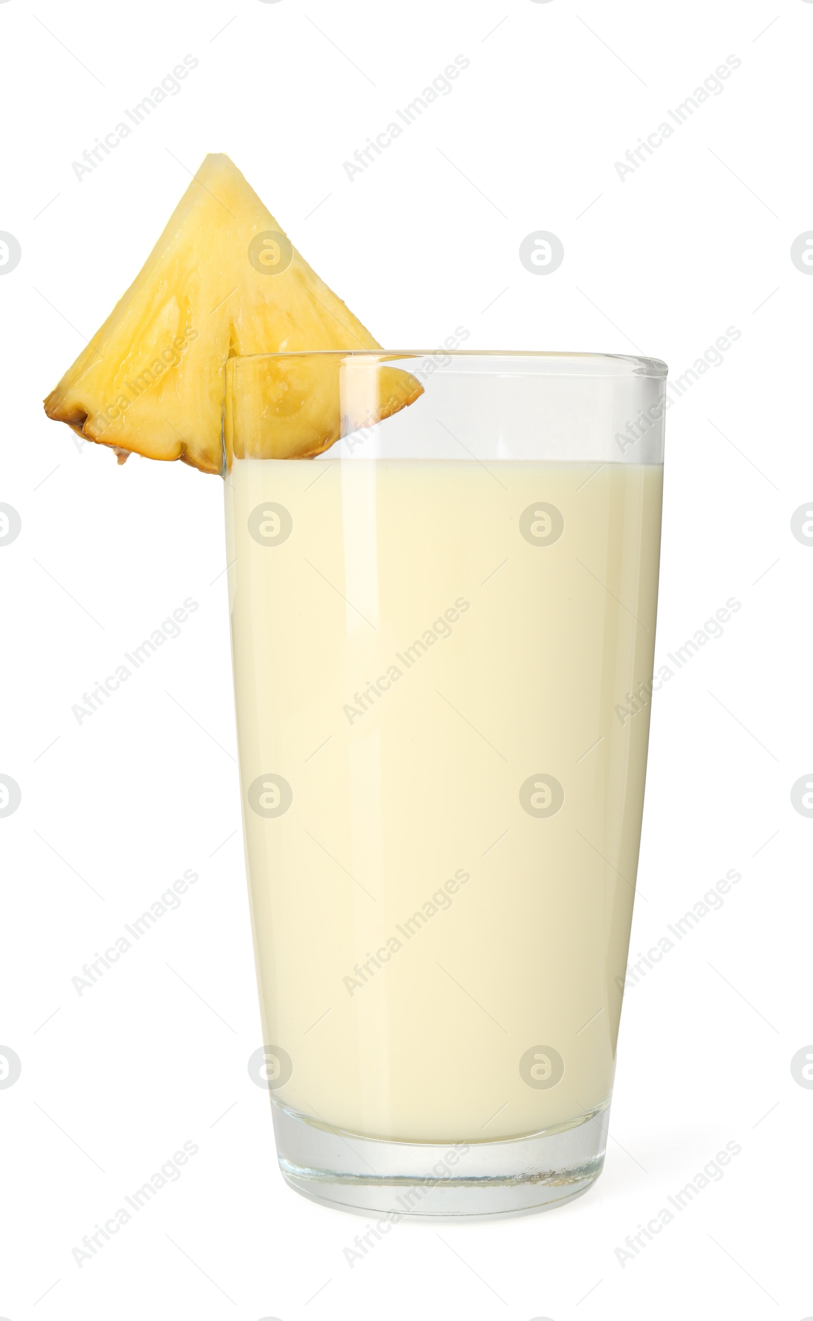 Photo of Tasty pineapple smoothie in glass isolated on white