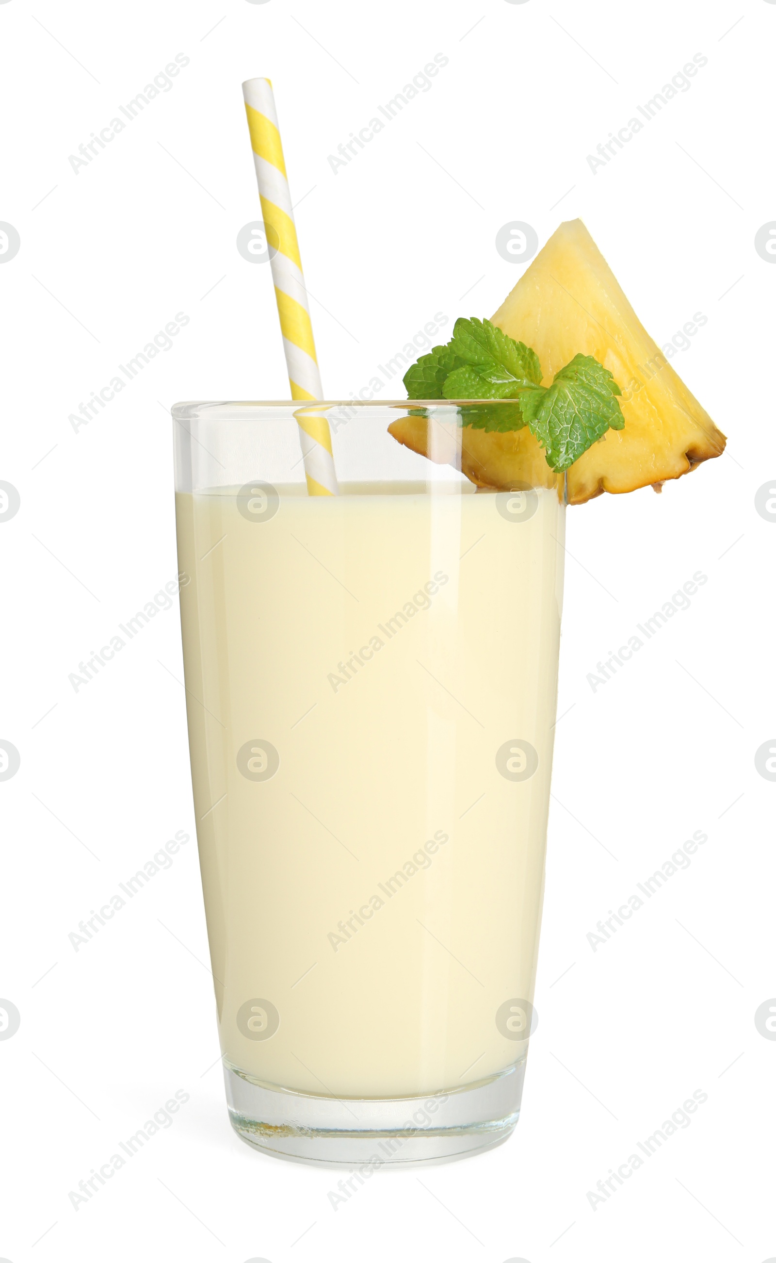 Photo of Tasty pineapple smoothie in glass isolated on white