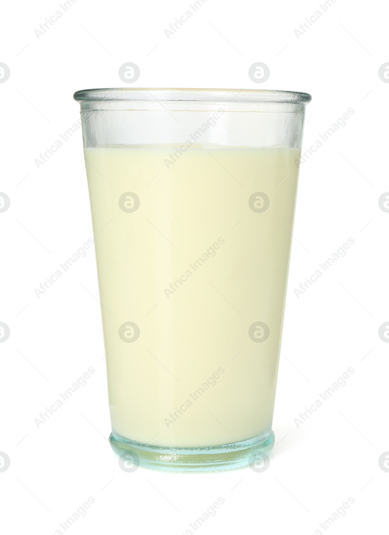 Photo of Tasty pineapple smoothie in glass isolated on white