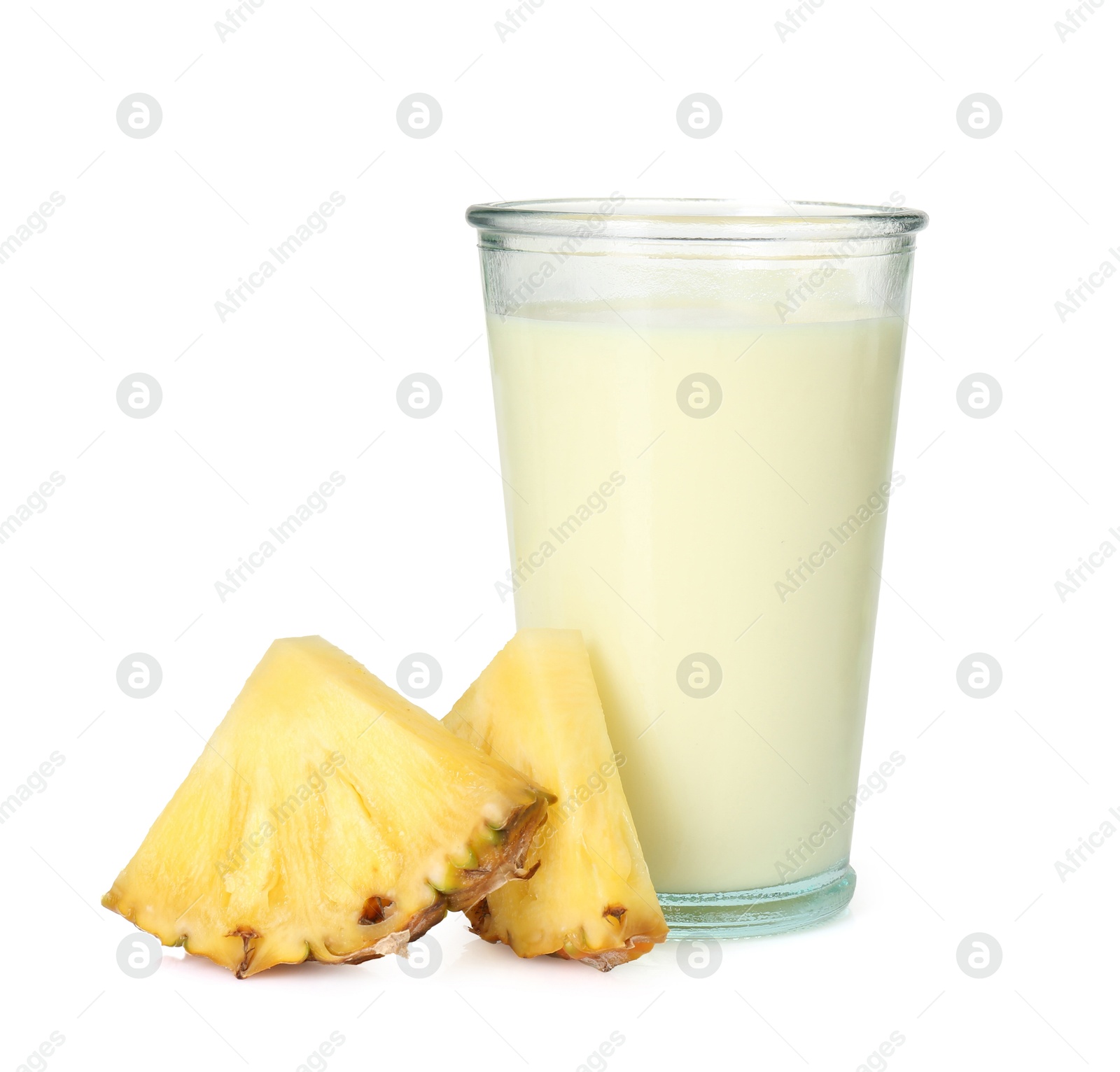 Photo of Tasty pineapple smoothie in glass and slices of fresh fruit isolated on white