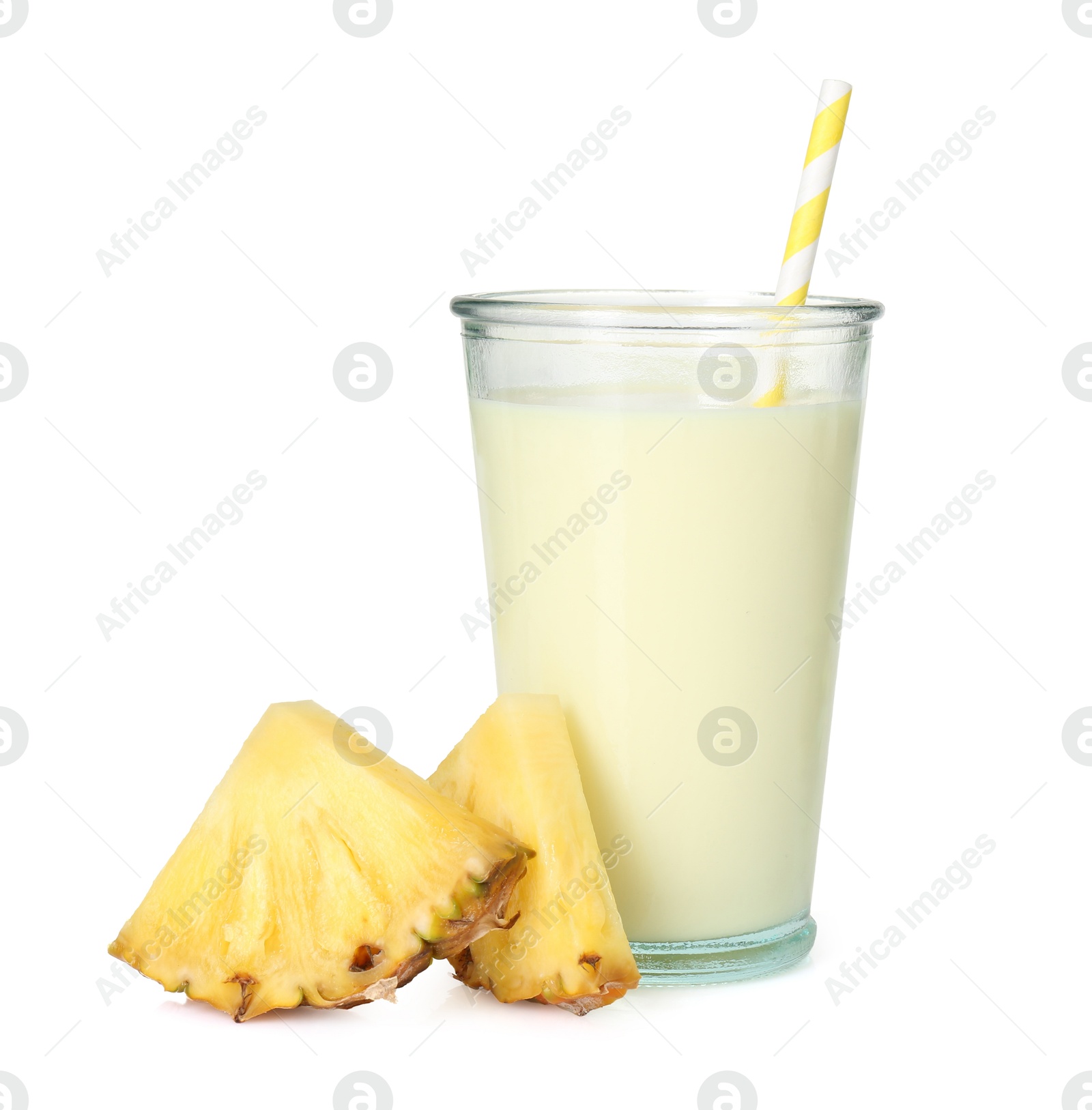 Photo of Tasty pineapple smoothie in glass and slices of fresh fruit isolated on white