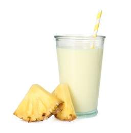 Photo of Tasty pineapple smoothie in glass and slices of fresh fruit isolated on white