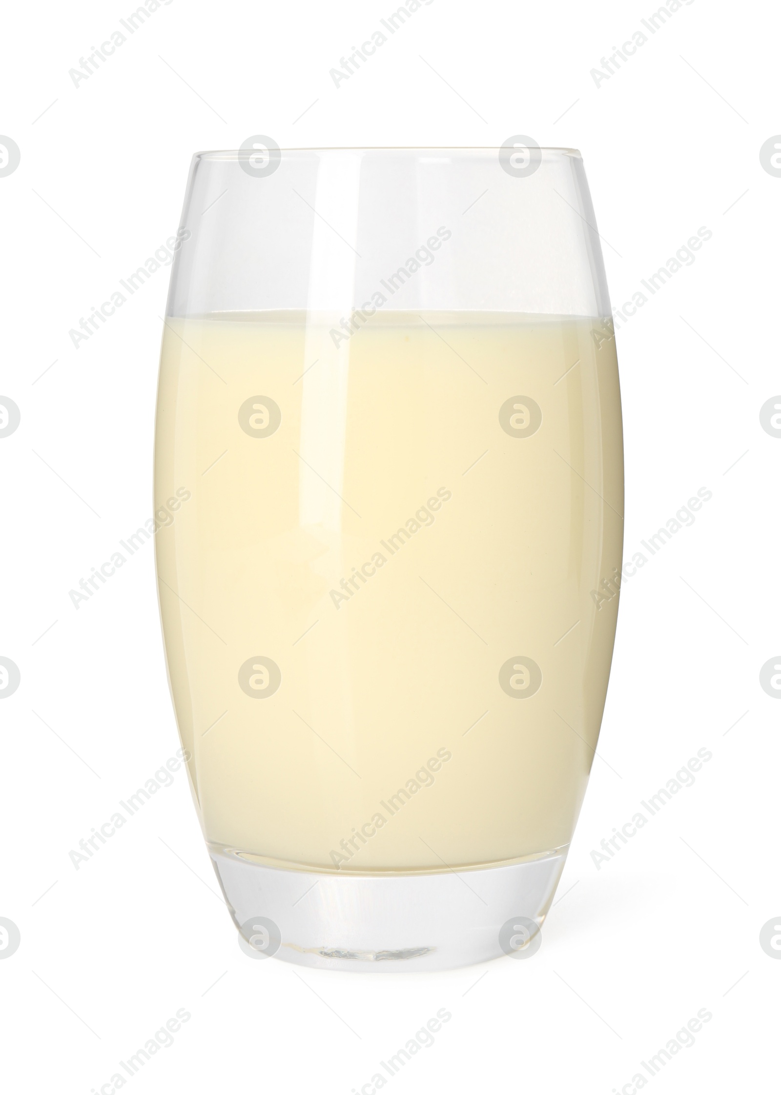 Photo of Tasty pineapple smoothie in glass isolated on white