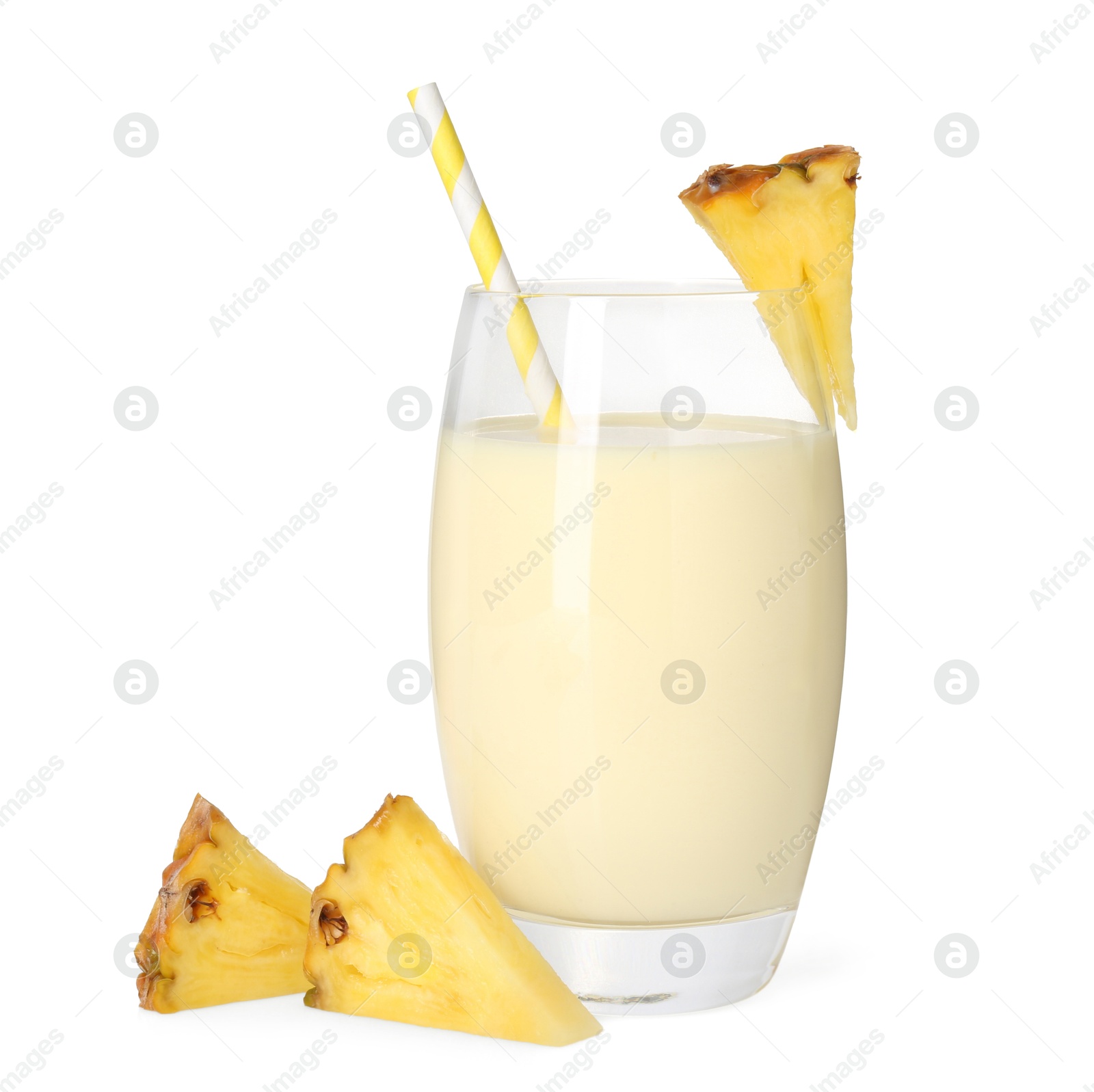 Photo of Tasty pineapple smoothie in glass and slices of fresh fruit isolated on white