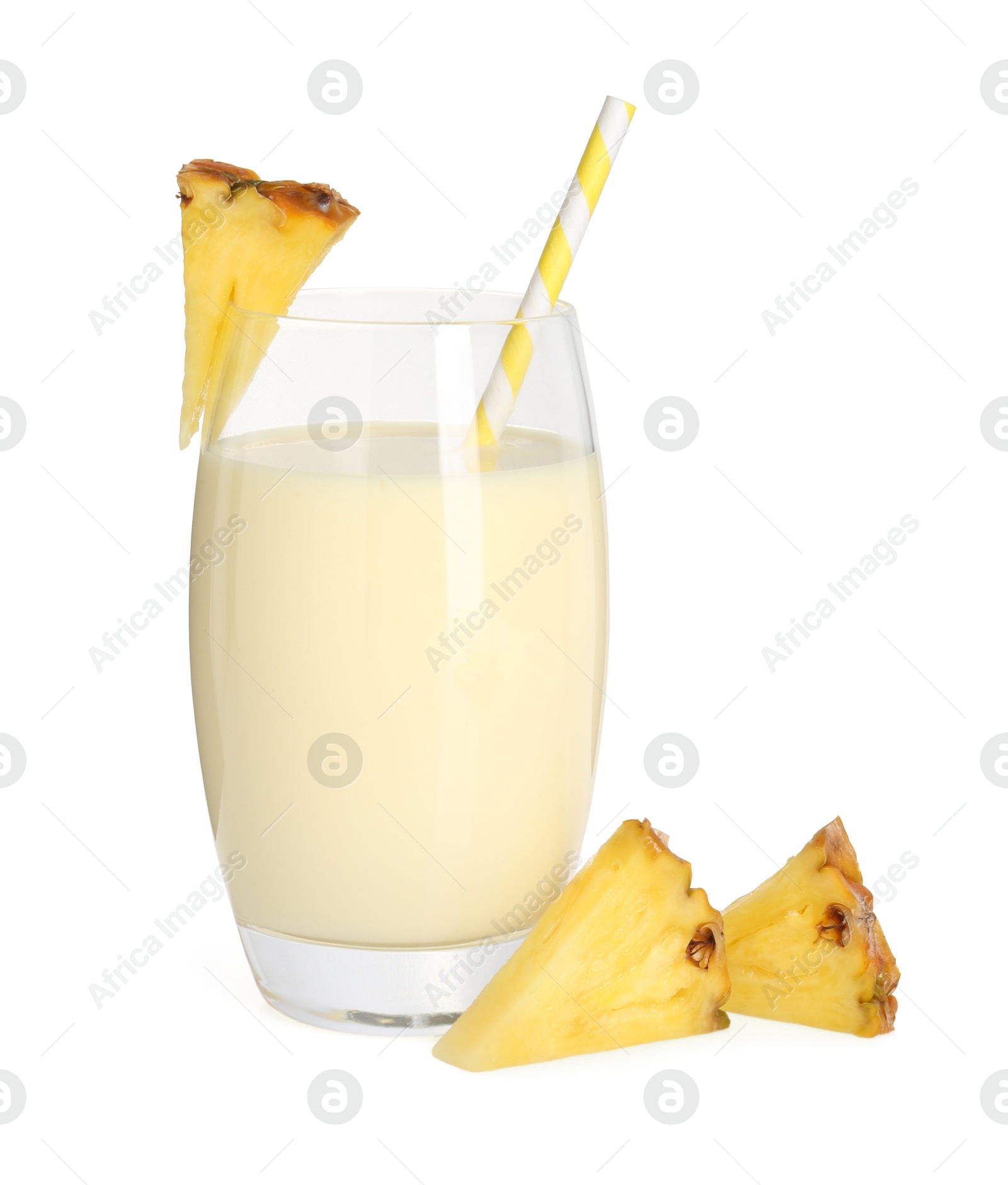 Photo of Tasty pineapple smoothie in glass and slices of fresh fruit isolated on white