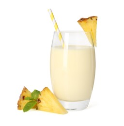 Photo of Tasty pineapple smoothie in glass, slices of fresh fruit and mint isolated on white