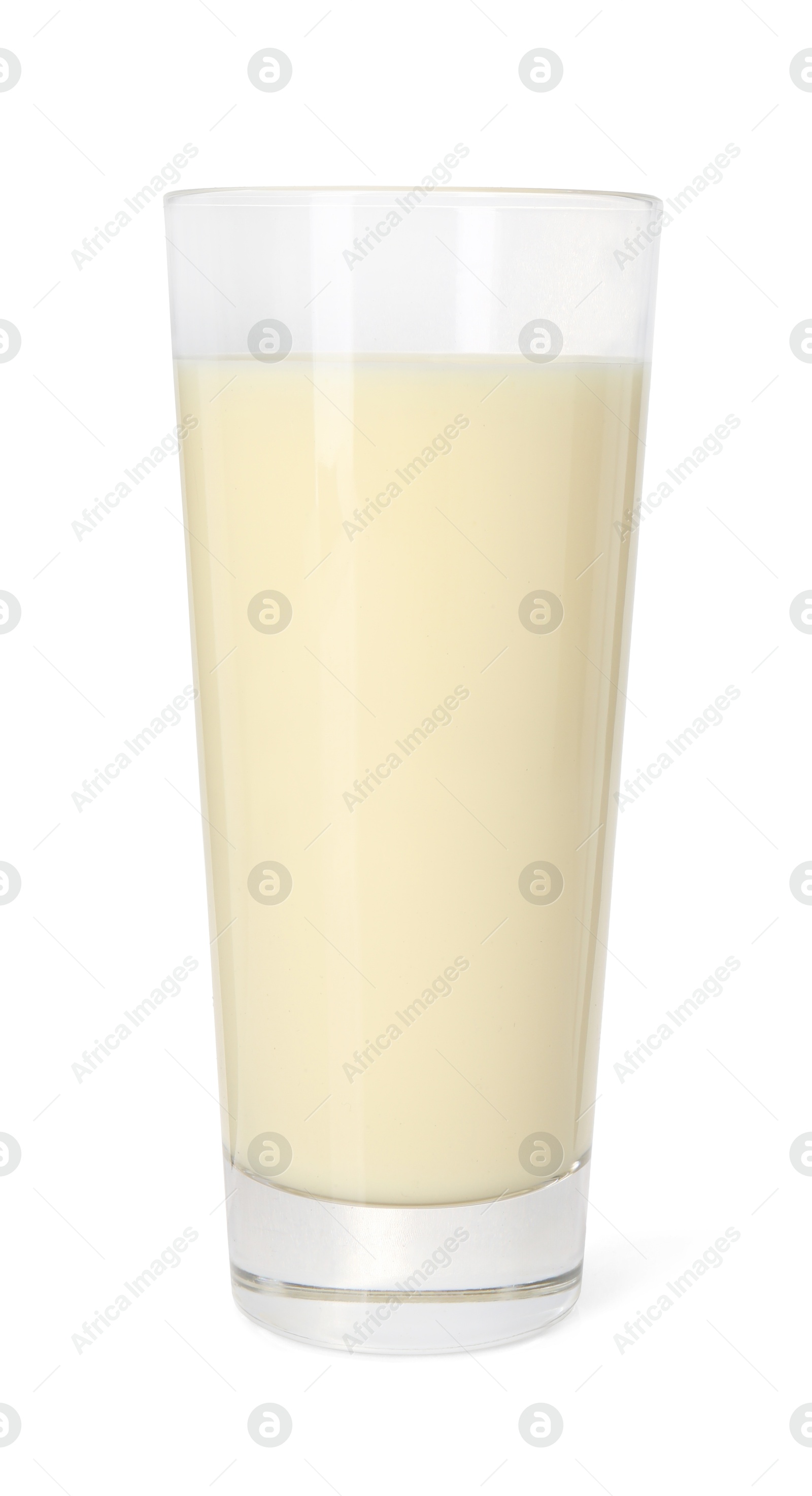 Photo of Tasty pineapple smoothie in glass isolated on white