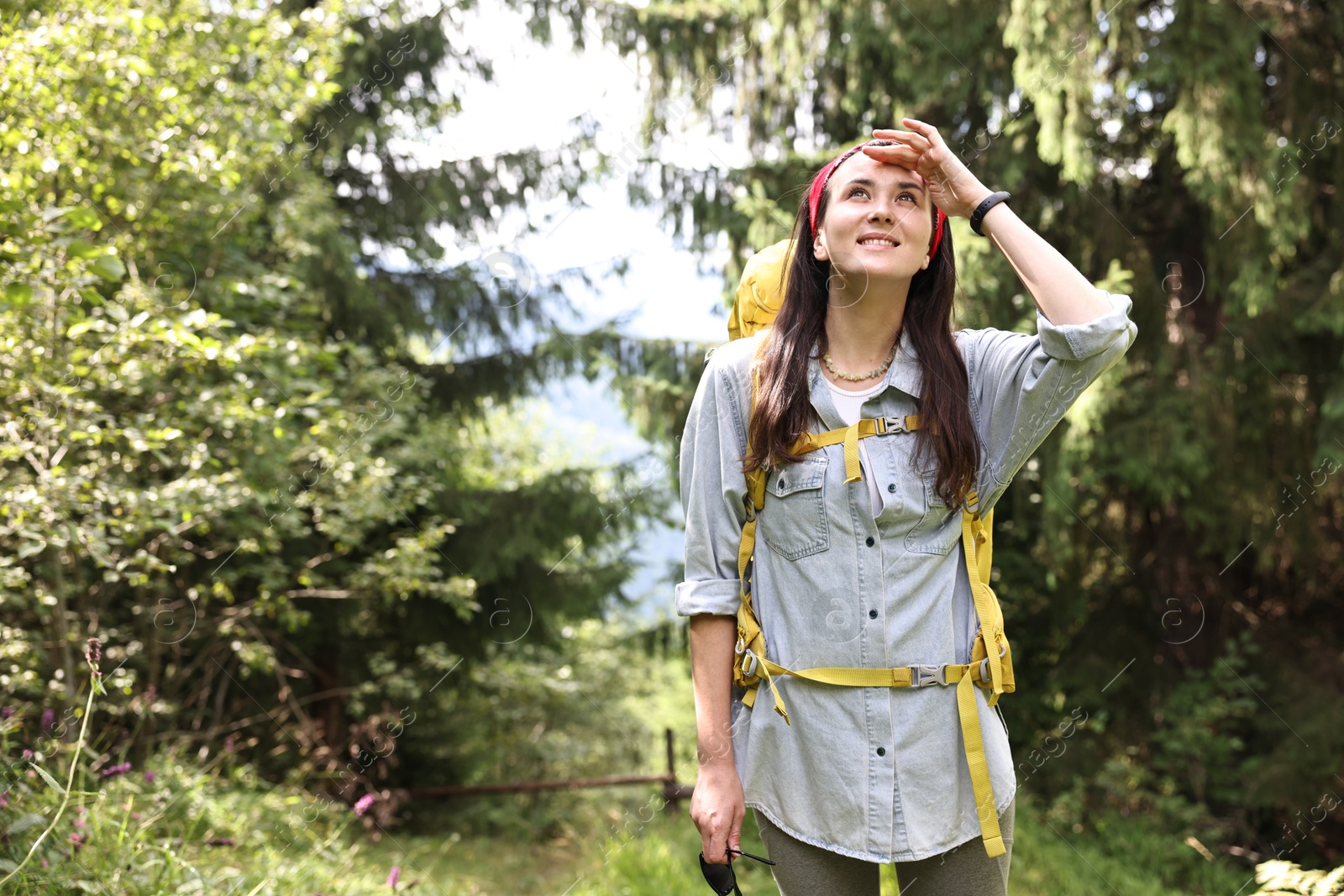 Photo of Young hiker with backpack looking at something in forest, low angle view