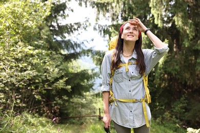 Young hiker with backpack looking at something in forest, low angle view