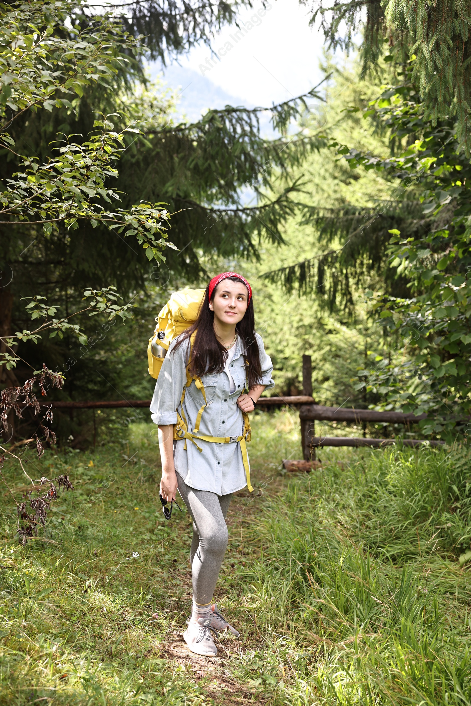 Photo of Young hiker with backpack enjoying time in forest