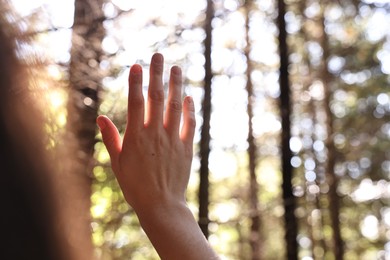 Young hiker enjoying time in forest on sunny day, closeup. Space for text