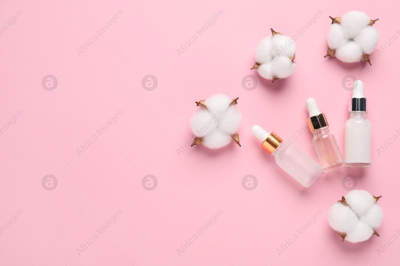 Photo of Different cosmetic products and cotton flowers on pink background, flat lay. Space for text