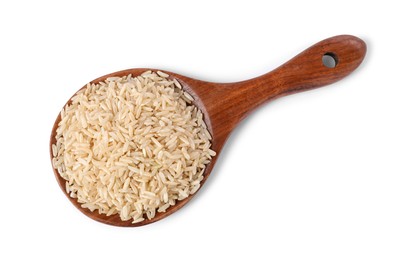 Photo of Raw rice in wooden spoon isolated on white, top view